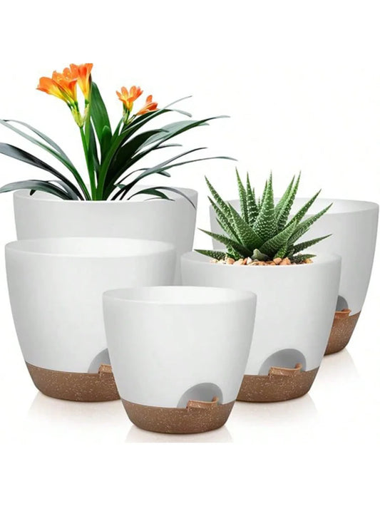 Indoor Decorative Flower Pot with Drainage Hole, 6-Pack, Self-Watering Pot, 20Cm Diameter, Plastic Flower Pot with Tray,