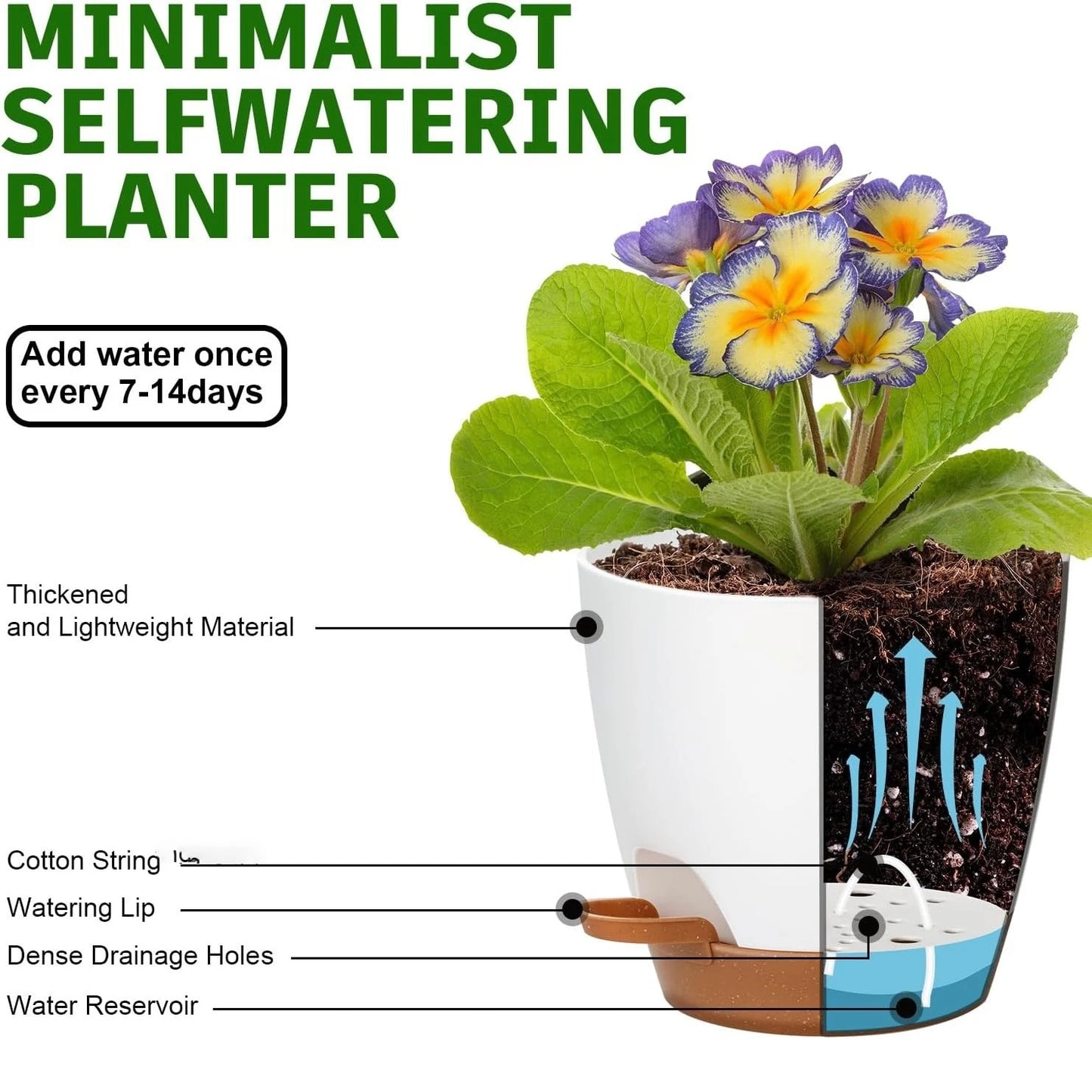 Indoor Decorative Flower Pot with Drainage Hole, 6-Pack, Self-Watering Pot, 20Cm Diameter, Plastic Flower Pot with Tray,