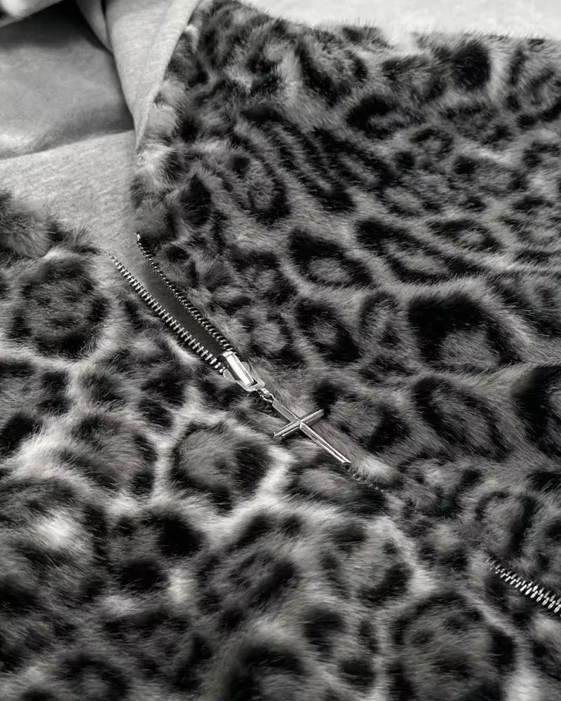 American Fashion Reversible Faux Fur Leopard Zipper Hoodie Mens Womens Oversized Sweatshirt Leopard Print Mink Fur Lining Y2K