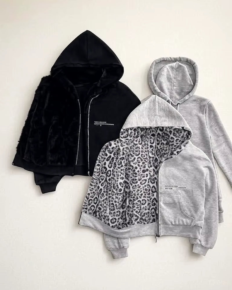 American Fashion Reversible Faux Fur Leopard Zipper Hoodie Mens Womens Oversized Sweatshirt Leopard Print Mink Fur Lining Y2K