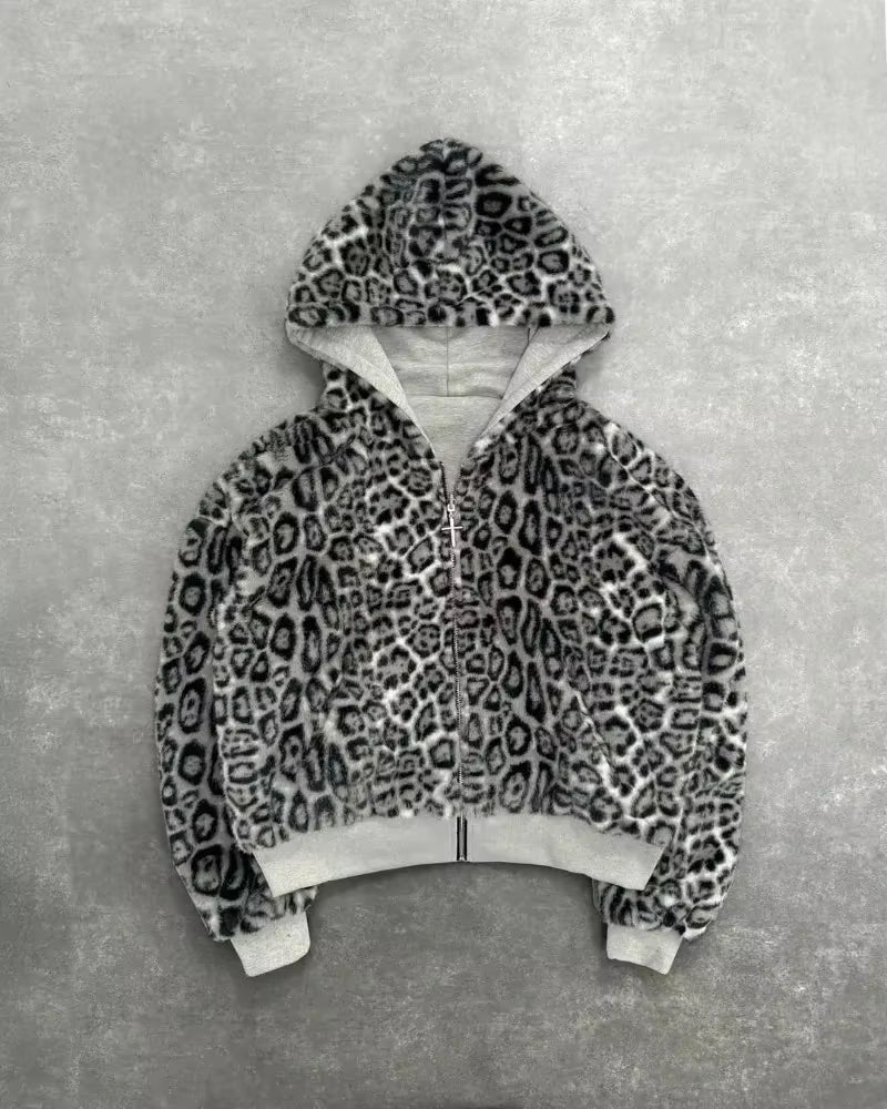 American Fashion Reversible Faux Fur Leopard Zipper Hoodie Mens Womens Oversized Sweatshirt Leopard Print Mink Fur Lining Y2K