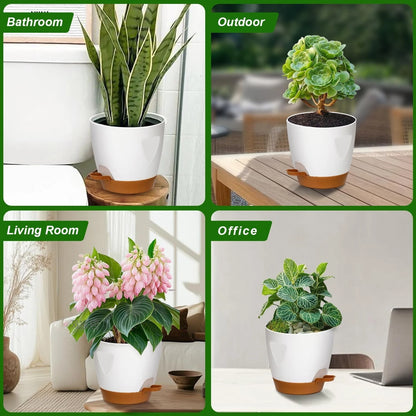 Indoor Decorative Flower Pot with Drainage Hole, 6-Pack, Self-Watering Pot, 20Cm Diameter, Plastic Flower Pot with Tray,