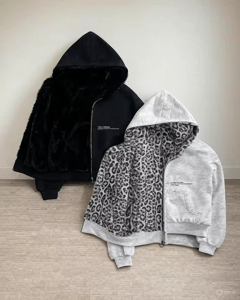 American Fashion Reversible Faux Fur Leopard Zipper Hoodie Mens Womens Oversized Sweatshirt Leopard Print Mink Fur Lining Y2K