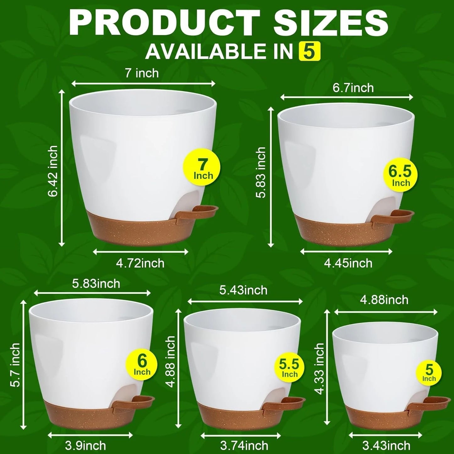 Indoor Decorative Flower Pot with Drainage Hole, 6-Pack, Self-Watering Pot, 20Cm Diameter, Plastic Flower Pot with Tray,